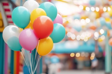 A cluster of colorful balloons stands against a blurred festive background, creating a vibrant and joyful atmosphere.