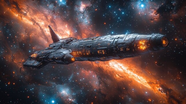 A spaceship flies through the nebula, stars and galaxies in background, orange flames on ship.