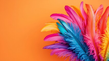Obraz premium Colorful feathers arranged against a vibrant orange background, showcasing a mix of pink, purple, blue, and yellow hues.