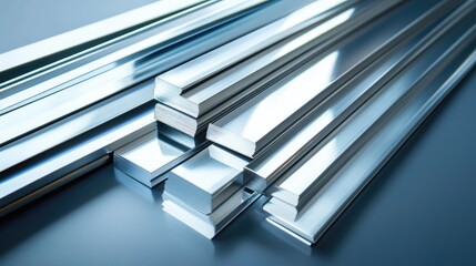 Stack of polished metal beams arranged diagonally on a gradient blue backdrop