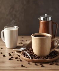 Wooden coffee cup with coffee beans and creamer, ceramic mug comparison, morning routine