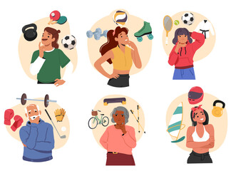 Diverse people characters of different ages looking for sport activity, interesting game recreation