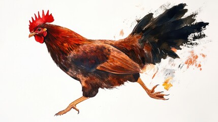 Fototapeta premium Confident brown hen in motion on white background