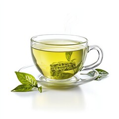 Aromatic Green Tea Infusion: A Clear Cup of Serenity with Fresh Tea Leaves and Steam Rising on a Bright White Background