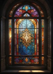 Fototapeta premium Window with a colorful stained glass on the side , light filtering, natural light