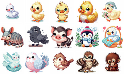 Fototapeta premium A set of Bulk Whimsical Baby Birds Illustration Series
