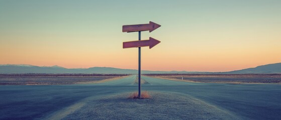 Two directional arrows stand at an empty crossroads under a pastel sky, suggesting choice and possibility in a vast, serene landscape.