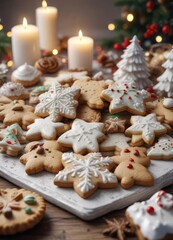 White festive scene featuring a mix of classic Christmas cookies and sweets, traditional treats, peppermint sticks, snowy setting, candy assortment, confection
