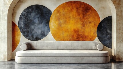 Fototapeta premium Warm light illuminates stylish grey sofa set against bold abstract wall art featuring textured circles in burnt orange and charcoal. AI Generated
