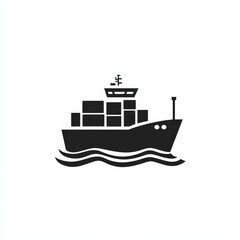 Obraz premium Black and White Cargo Ship Silhouette on Wavy Sea, Vector Icon for Logistics and Shipping