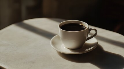 Obraz premium A simple white cup of black coffee sits on a small, round table, illuminated by warm sunlight.