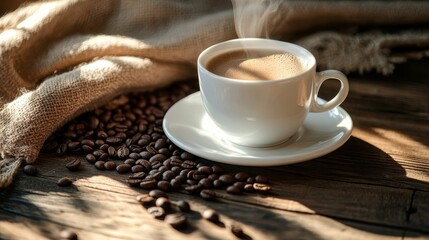 A steaming cup of coffee on a rustic wooden table, surrounded by scattered coffee beans, evoking warmth and comfort.