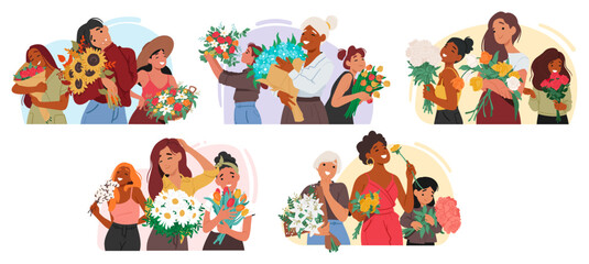 Cute ladies holding flowers bouquets feeling happiness rejoicing romantic sign of attention set