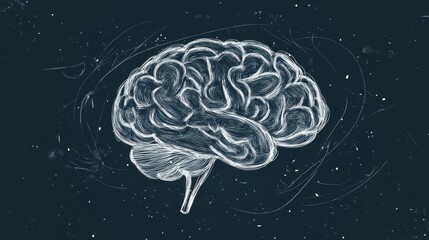 An intricately sketched illustration of a human brain on a dark background, showcasing its complex structure.