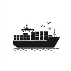 Obraz premium Black and White Vector Silhouette of a Container Ship with Sea Birds on a White Background, Conveying Global Trade