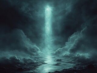 Fototapeta premium Ethereal teal light pierces dark clouds reflecting mysteriously on a calm sea creating a serene yet powerful scene.. AI Generated
