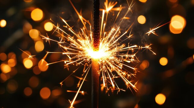 Close-up of a sparkler sparkling against a backdrop of warm, glowing bokeh lights.