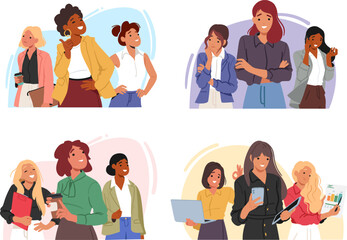 Confident business ladies community enjoying professional job occupation and personal productivity