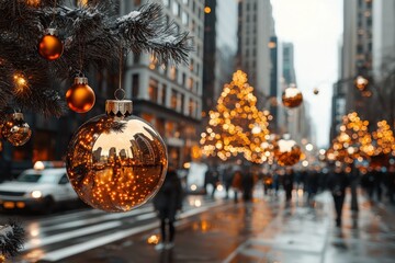 Festive Christmas Ornament Reflecting City Lights Holiday Season in Urban Setting