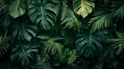 Lush, verdant tropical plant background, with fern and monstera leaves textures, a floral wallpaper.