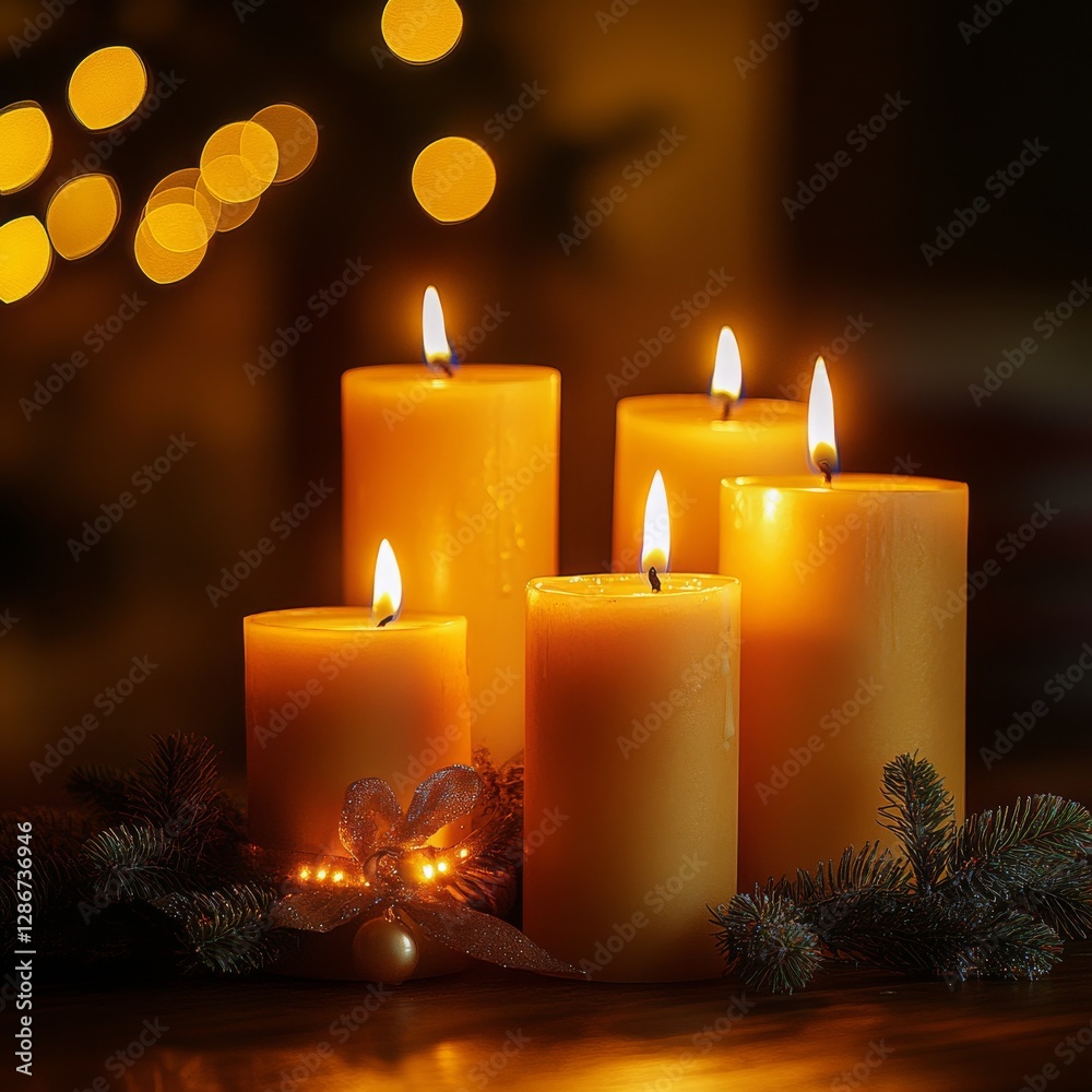 Aufkleber candlelight glow: five lit candles with festive decorations radiating warmth in a bokeh-lit setting 