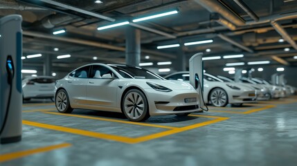 Obraz premium Modern electric cars charging at the same station in an underground parking 