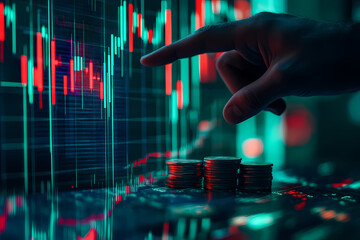 Analyzing the Financial Tide: A close-up shot captures a hand pointing towards a vibrant stock chart displayed on a computer screen, next to a stack of coins.