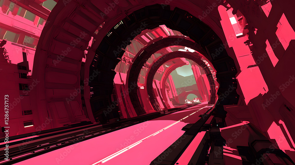 Poster train passing through a tunnel with geometric patterns and abstract design elements in a futuristic 