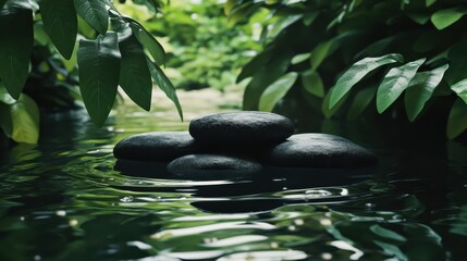A serene stack of smooth, black stones resting on calm water, surrounded by lush green foliage.