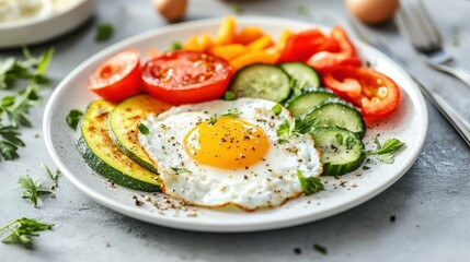 A vibrant breakfast plate featuring a sunny-side-up egg, fresh vegetables, and herbs for a wholesome start to the day.