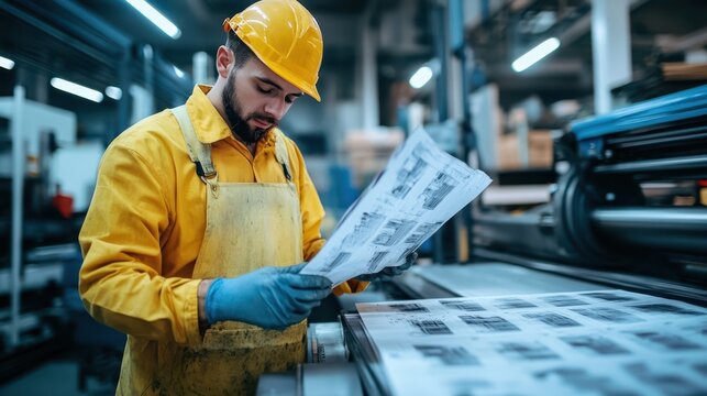 A focused worker in a yellow uniform reads a newspaper while standing in a factory, highlighting a moment of leisure in a busy environment.