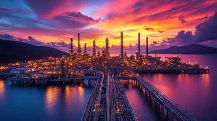 Fototapeta premium Oil and gas plant at sunset with a beautiful sky background. Industrial oil refinery in an industry park.