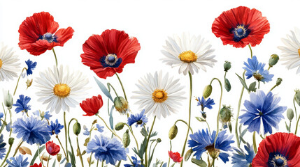 Fototapeta premium Vector white background with flowers chamomile, cornflowers and red poppy. Can be placed on the packaging