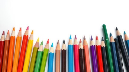 Vibrant set of pencil colors arranged neatly on a white background, shiny, drawing, white