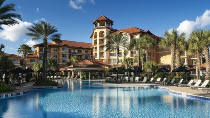 Luxury Resort Pool with Palm Trees and Sunny Sky View