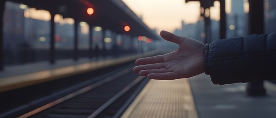 An outstretched hand extends toward an arriving train, symbolizing anticipation and the excitement of journeys begun.