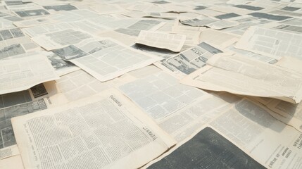 Vintage newspaper pages spread across a floor, creating a textured and historical background for creative projects