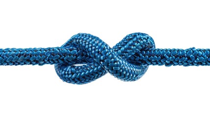 Blue nautical rope with detailed knot on white background showcasing maritime craftsmanship