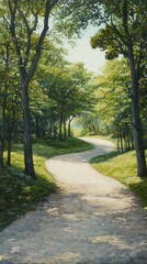 Obraz premium Tranquil winding path through lush green trees in a serene landscape surrounded by natures beauty