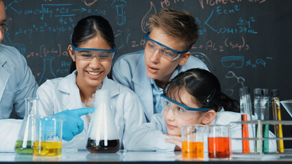 Girl looking at beaker while doing experiment at blackboard with chemistry theory in STEM class....