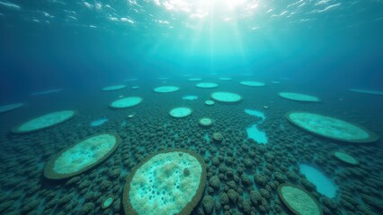 Fototapeta premium Underwater view of bleached coral reef with flat coral formations and clear ocean water 