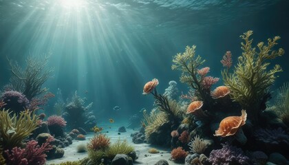 Obraz premium Underwater Scene with Glittering Seaweed and Sea Creatures, marine life, coral reef, teal green