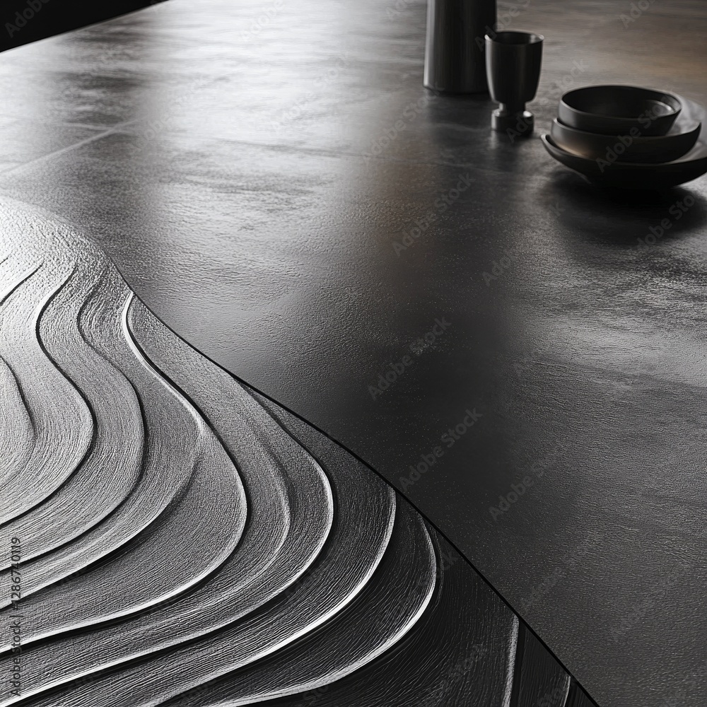 Poster Elegant Dark Table Setting with Abstract Wave Design and Modern Black Dishes, capturing the essence of minimalist luxury and refined dining.