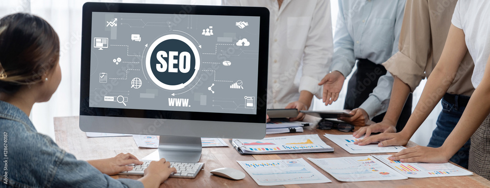 Aufkleber SEO search engine optimization for brisk e-commerce and online retail business showing on computer screen