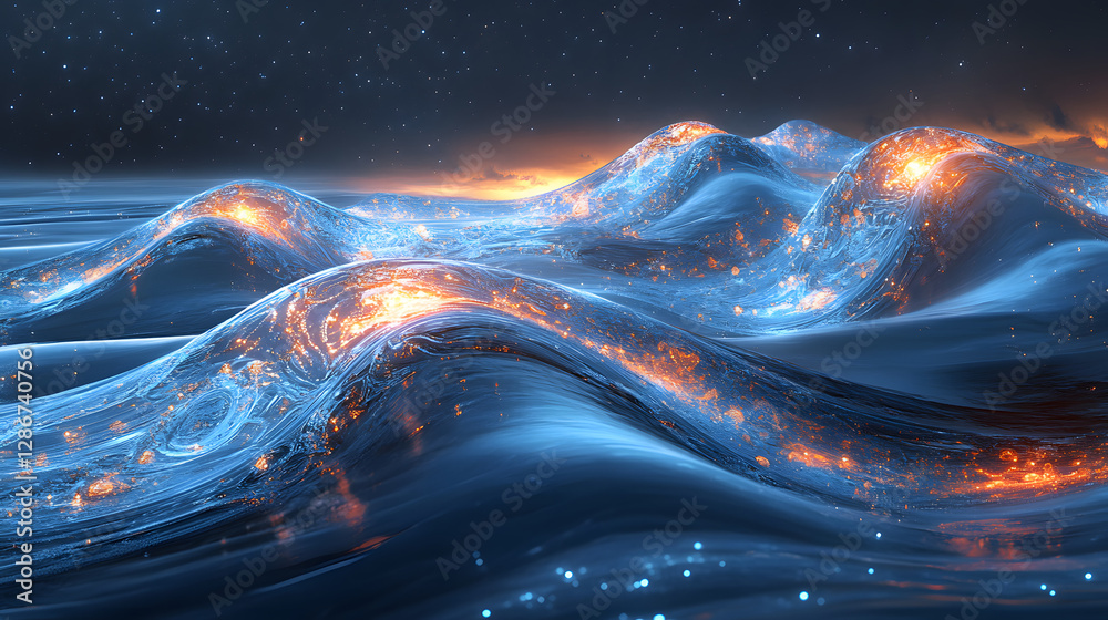 Poster computer screen displaying a futuristic design with wave fire and abstract elements in a digital env