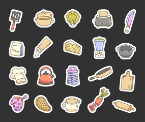 Kitchen cooking set with cute outline illustration of utensils, cookware, appliances, and food items for meal preparation, baking, and culinary fun at home for yours creative project.