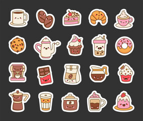 Coffee and dessert with croissant, cupcake, donut, espresso, chocolate, pudding, teapot, cappuccino, bubble tea, and takeaway cup for a perfect morning treat and for yours creative project.