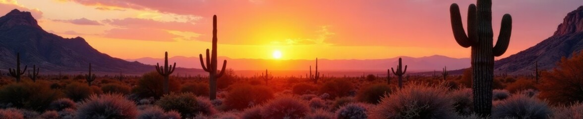 Obraz premium Desert landscape with Saguaro cactus and Arizona sunrise, , desert