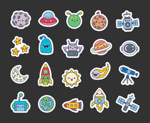 Space set with a mysterious UFO, a drifting asteroid, a curious alien, a powerful satellite, twinkling stars, a blazing comet, a futuristic robot, Earth, a spaceship, and a thrilling adventure.