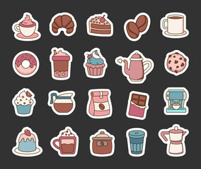 Coffee and dessert with croissant, cupcake, donut, espresso, chocolate, pudding, teapot, cappuccino, bubble tea, and takeaway cup for a perfect morning treat and for yours creative project.